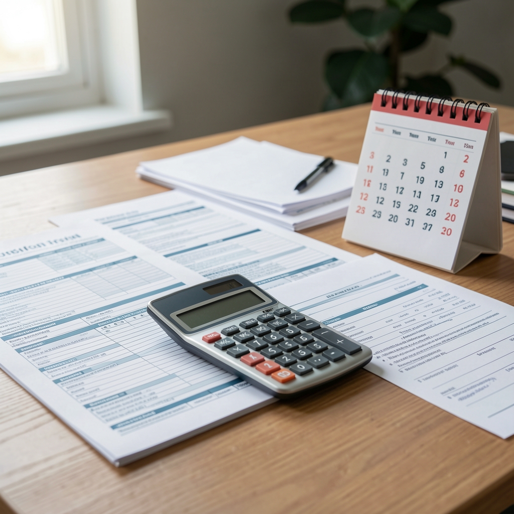 Calculadora, formularios impositivos y calendario fiscal sobre un escritorio representando la planificación tributaria