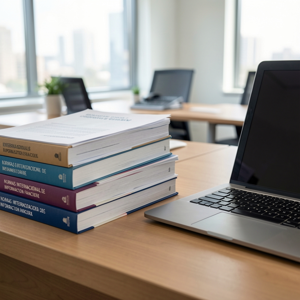 Libros y documentos de normas internacionales de información financiera apilados junto a una laptop en un escritorio de oficina