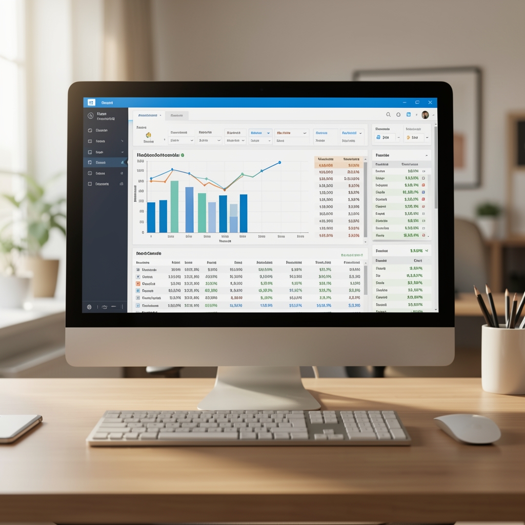 Pantalla de computadora mostrando un sistema de gestión contable con gráficos y tablas de datos financieros