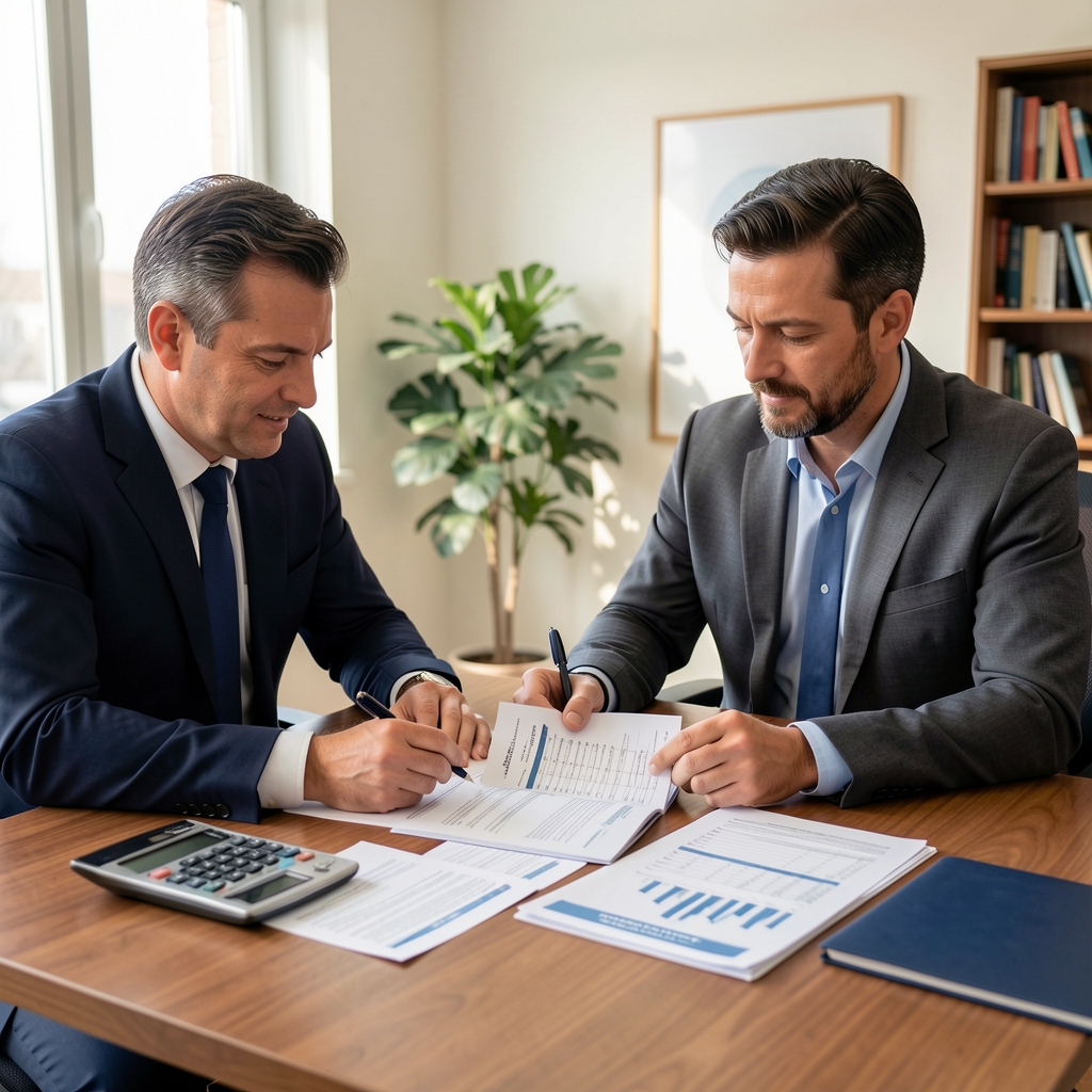 Reunión de trabajo entre un contador y el propietario de una pyme revisando balances impresos sobre una mesa de oficina