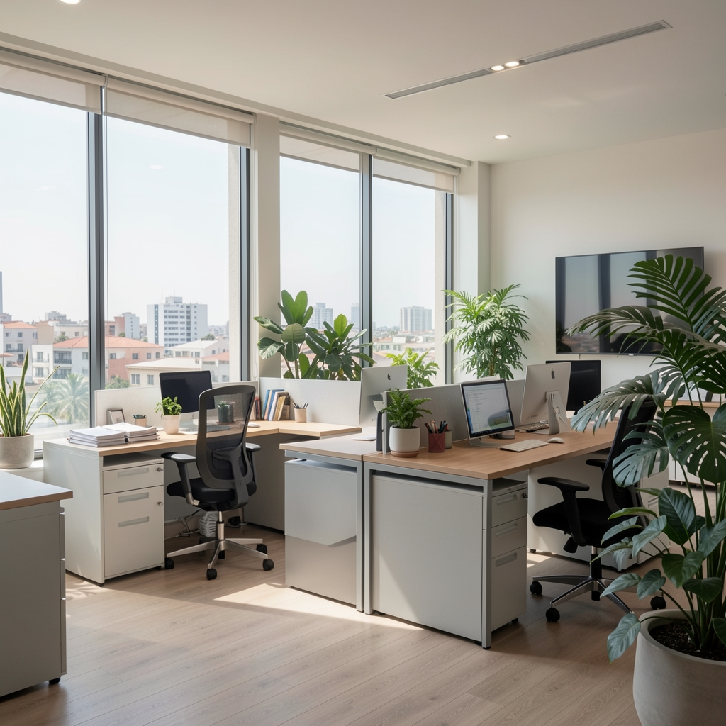Oficina moderna de estudio contable con escritorios, plantas y ventanales luminosos en Mar del Plata