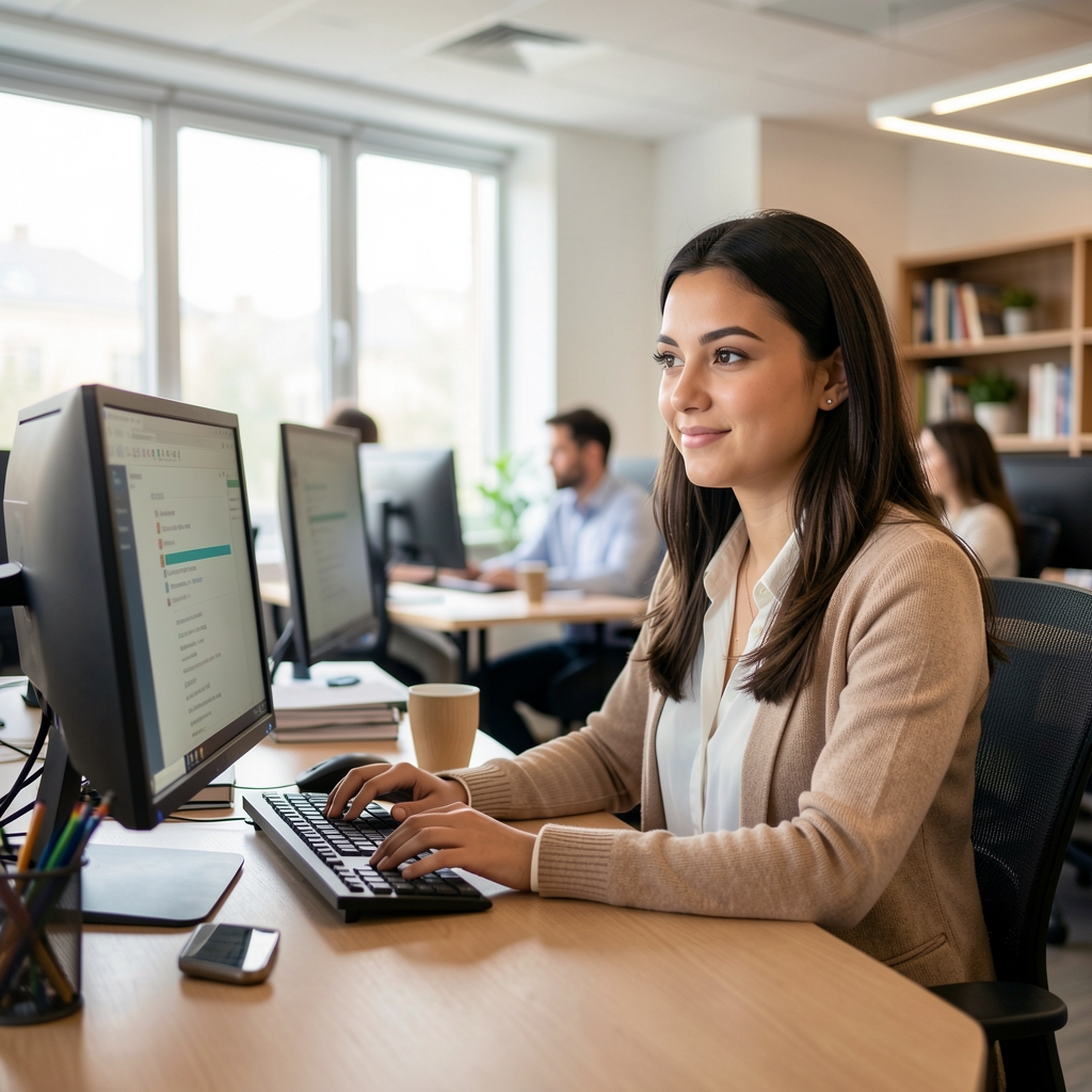 Retrato profesional de una joven especialista en tecnología contable frente a una computadora en un espacio de trabajo colaborativo