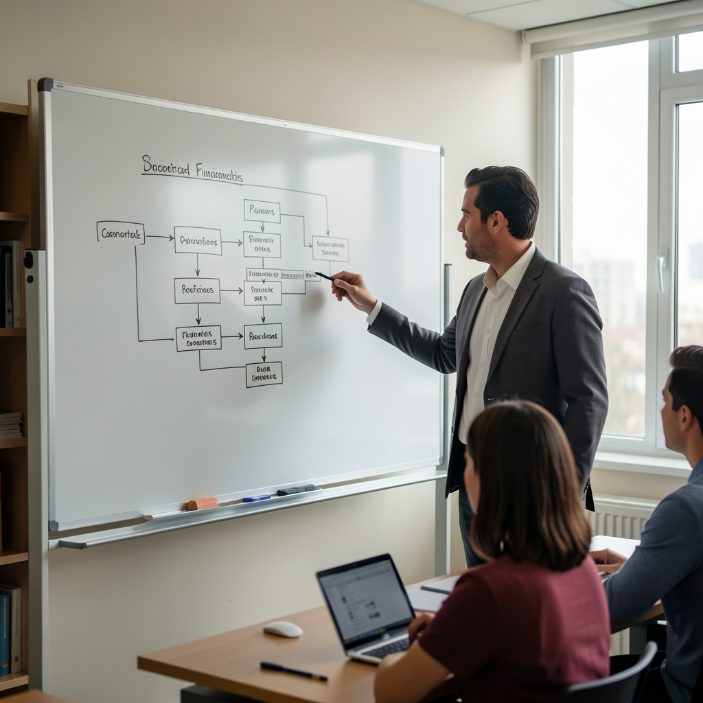 Docente contable explicando un diagrama de flujo de procesos financieros en un pizarrón durante una clase universitaria