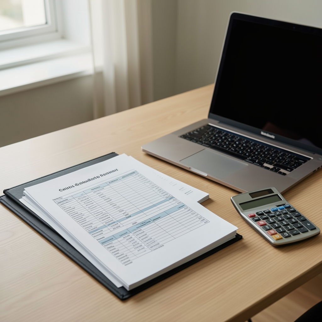 Carpetas y documentos normativos contables organizados sobre un escritorio junto a una calculadora y una laptop