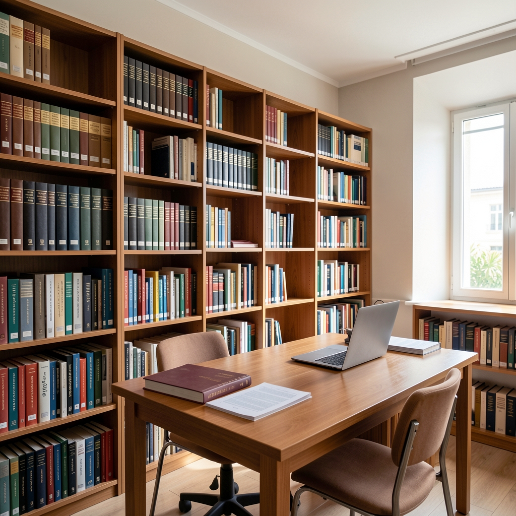 Biblioteca universitaria con estantes de libros de contabilidad y finanzas y una mesa de estudio con laptop